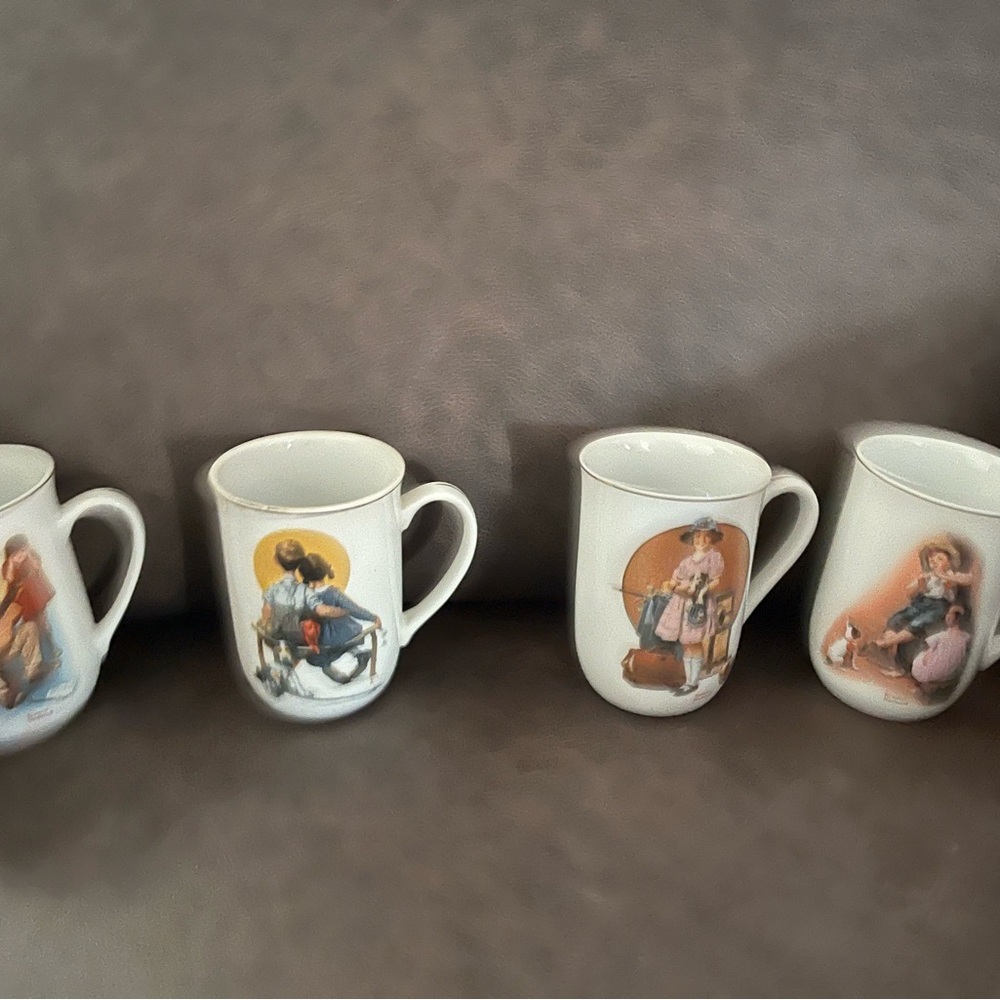 Norman Rockwell White Ceramic Dining Mugs with Illustrations